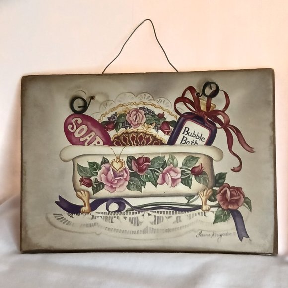 Bathroom Wall Decor Vintage Picture Plaques LOT OF 2 Flower Soap Bath Sink CUTE! - Picture 3 of 10